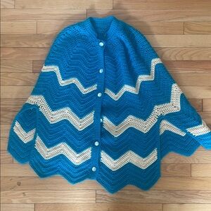 Vintage Blue and Cream Chevron Crotched Poncho